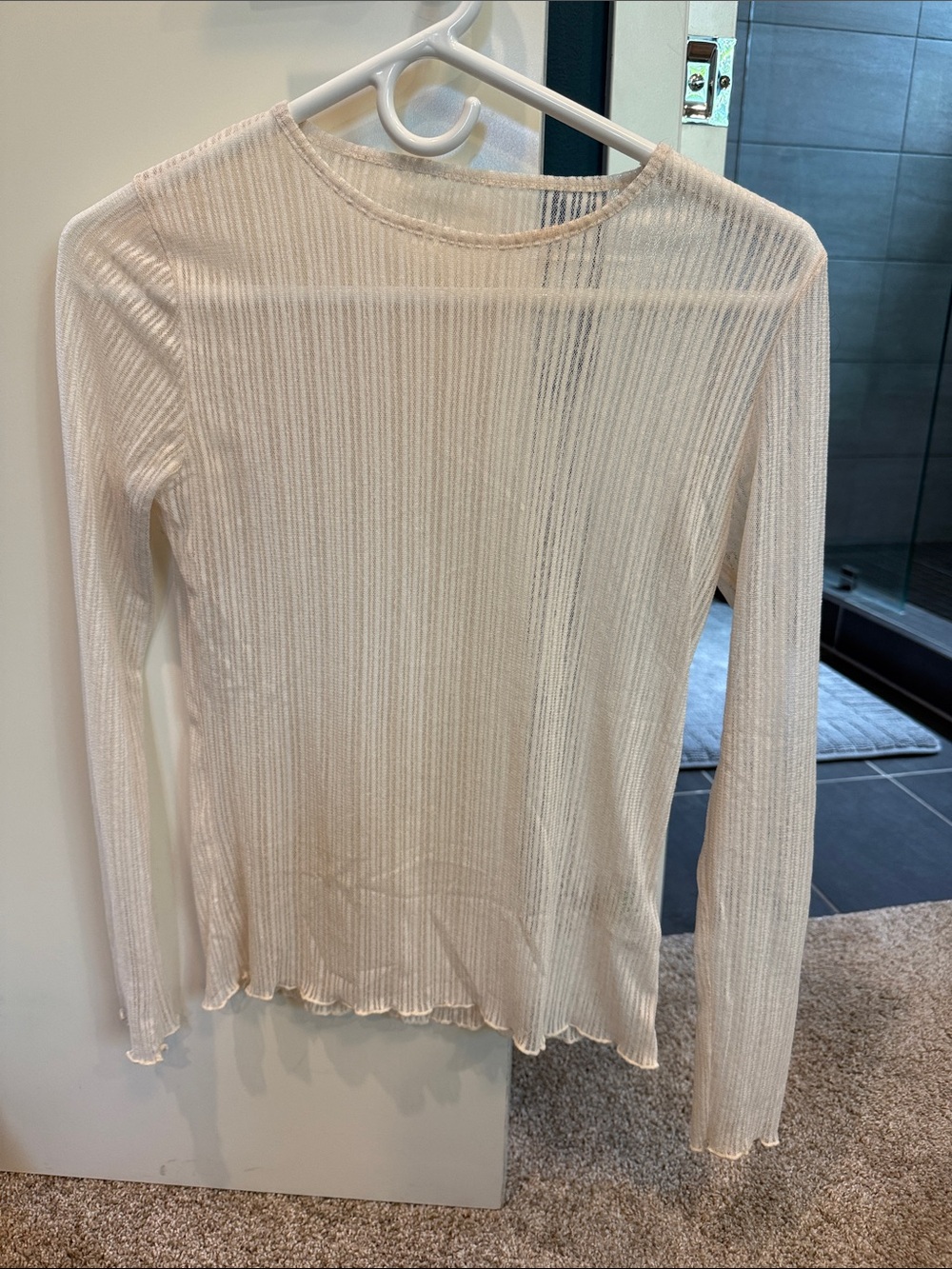 Lightweight Sheer Ribbed Long-Sleeve Top in Cream